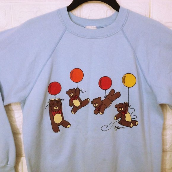 Vintage 70s/80s T.Jays USA-made Sweatshirt Novelty Bears Balloons Lady-M Flaws - Picture 4 of 10